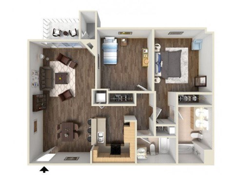 A 3D rendered image of a small apartment layout.